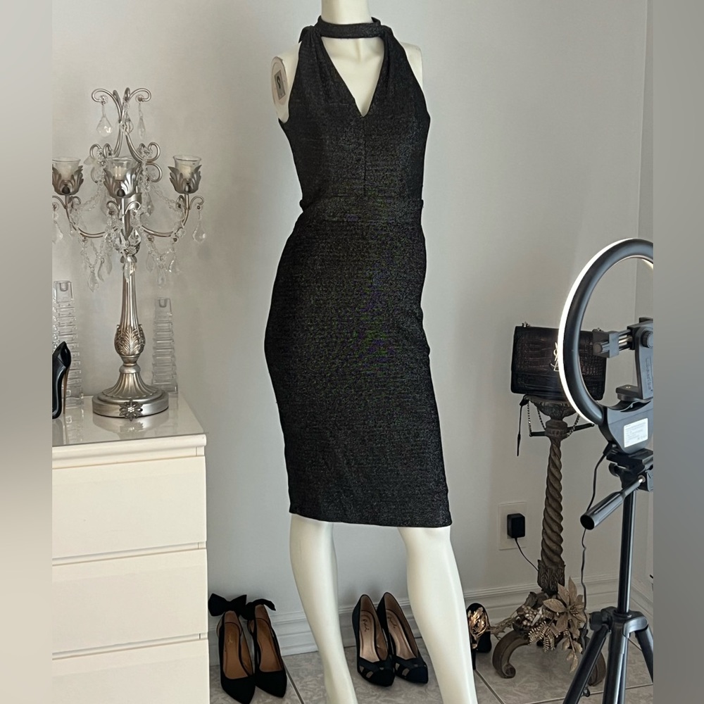 Black Glitter Midi Halter Neck Dress Size EU 38 US M
